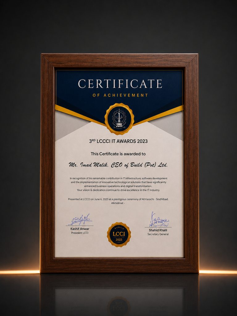 Cerificate of Achievement 3rd LCCCI IT Awards 2023 to Imad Malik Cobuild